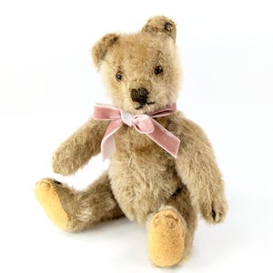 May include: A classic teddy bear with light brown fur, a dark brown nose, and small, dark eyes. It has a pink velvet bow and tan paw pads. The bear is posed on a white background.
