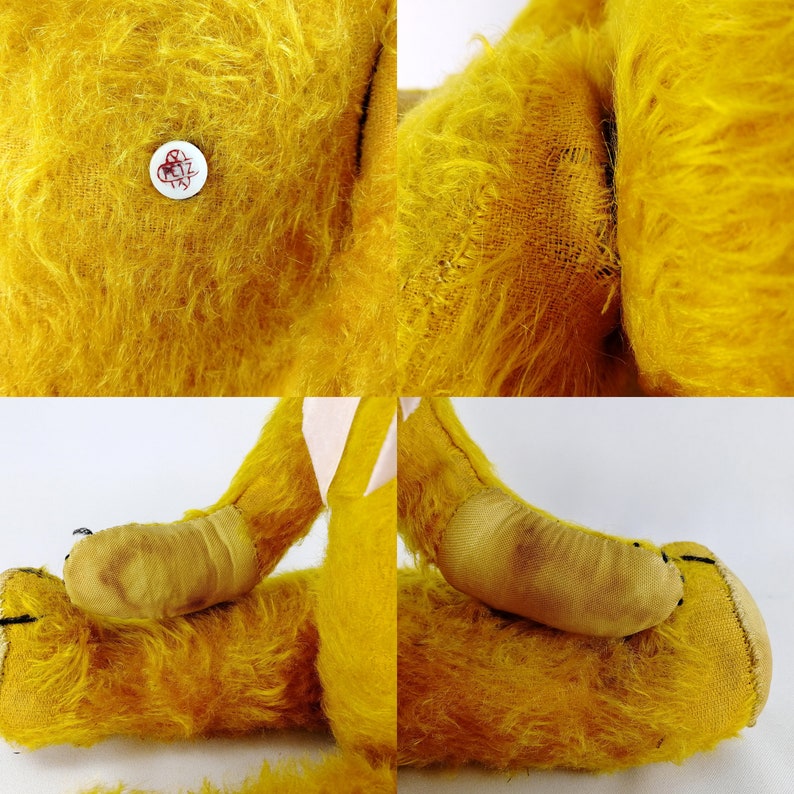 A collage of 4 photos, showing the Petz-button, a spot on the upper right arm where the mohair-ground fabric is thin, and both hand paw pads close up.