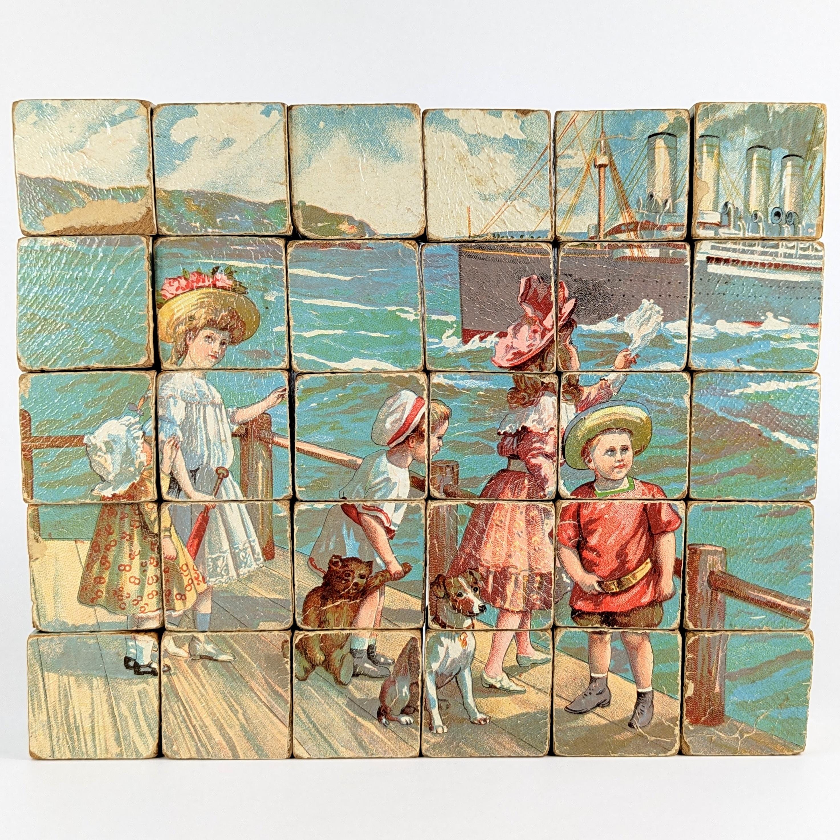Antique Wooden Lithographed Picture Puzzle Blocks Marked J.A.K.