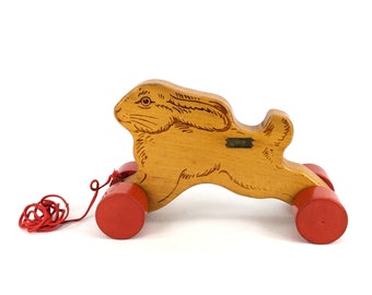 Steiff Wooden Rabbit Bunny on wheels with ID vintage 1970 to 1974