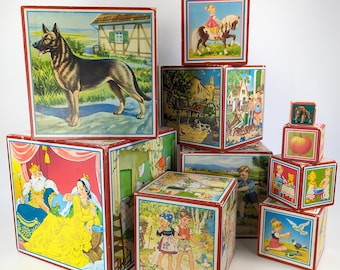 Cubes empilables en bois tour jouet vintage grand 51 pouces de haut coloré des années 1950 fabriqué en Allemagne