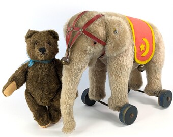 Steiff Elephant on Wooden Wheels With Button Leather Halter Saddle