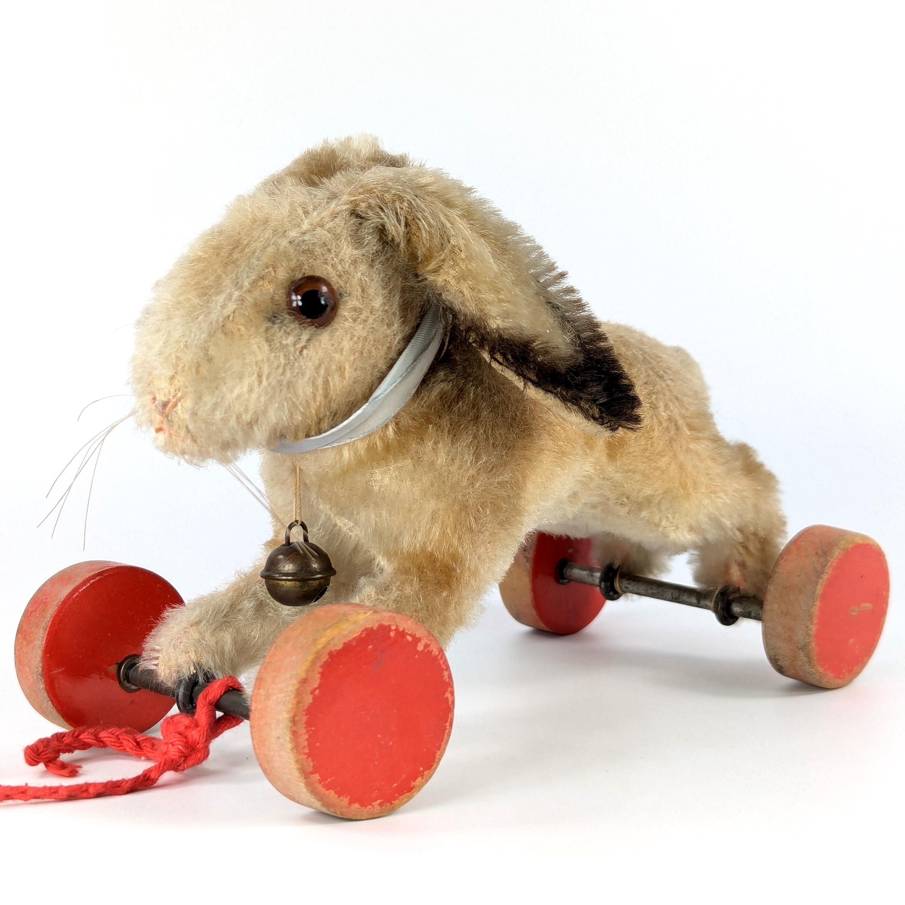 Steiff Bunny Rabbit on Wheels With ID 6 Inches Vintage 1950