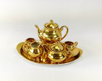 Antique Tea or Coffee Service on Tray 1910s gold gilded China miniature for dolls or bears