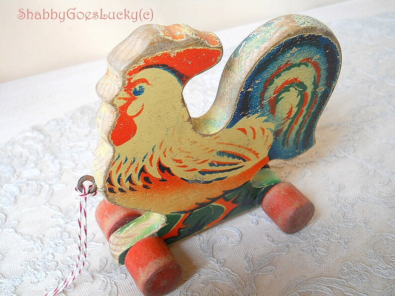 Vintage Wooden Pull Toy Rooster on Wheels Small Colourful Old Etsy