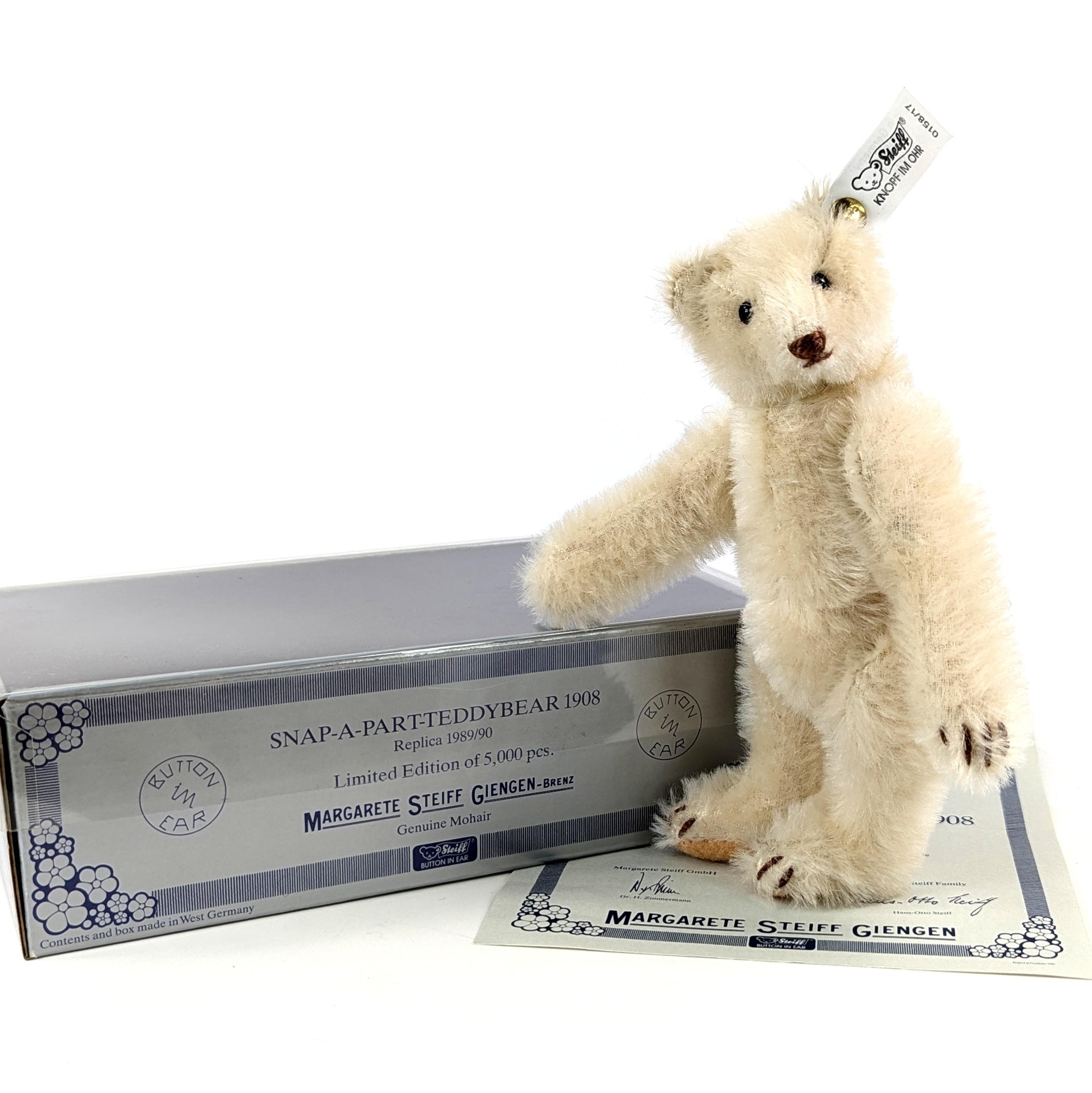 シュタイフ プレスボタン テディベア 1909年製 ホワイトモヘア 全ID 7