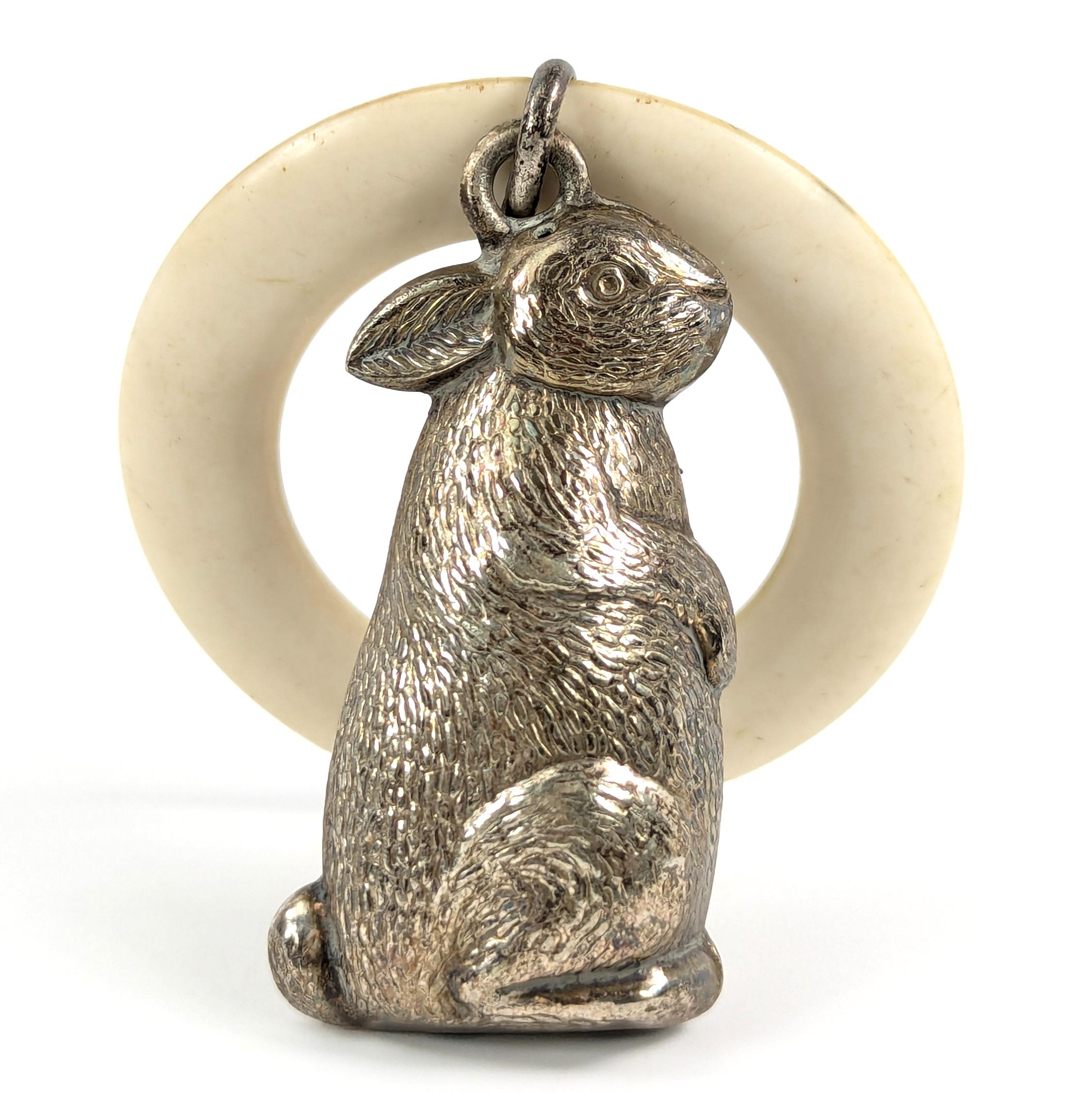 Bunny Rabbit Silver Rattle English Antique Collectible Doll