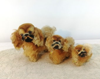 Steiff Pekinese 3 dogs all IDs different small sizes 3 to 6 inches vintage 1959 to 1965