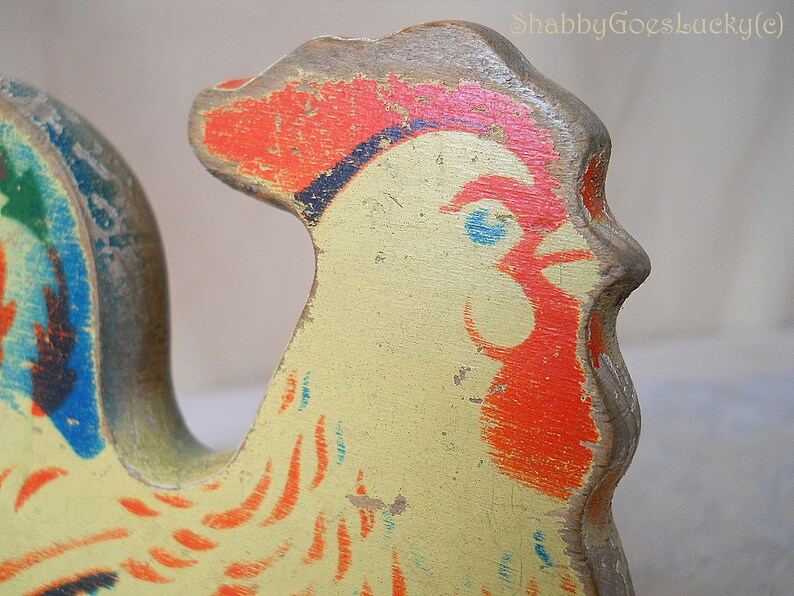 Vintage Wooden Pull Toy Rooster on Wheels Small Colourful Old Etsy