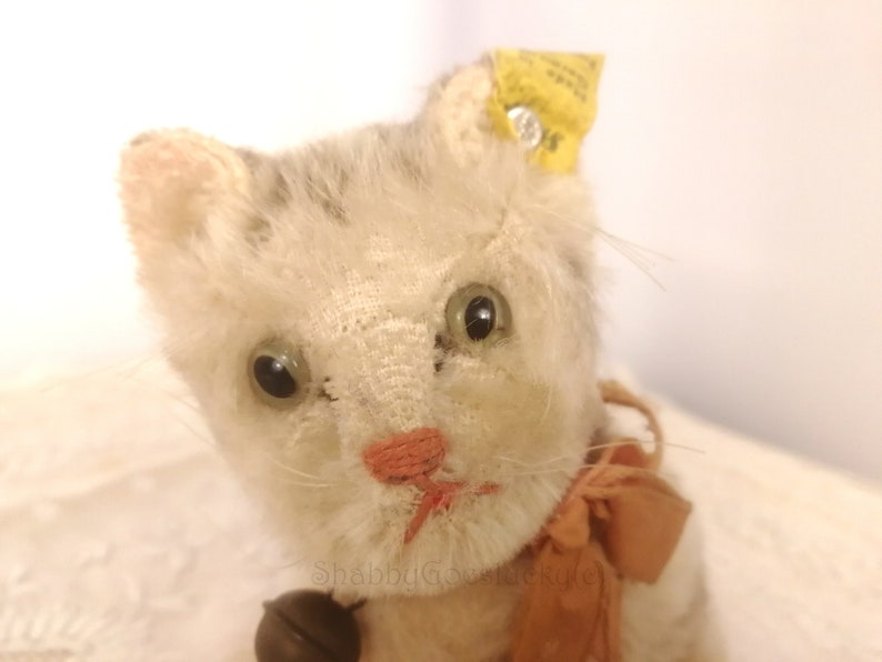 bow Vintage Steiff cat Susi with original Steiff button smallest 4 inch edition label sitting mohair tabby bell produced 1959 \u2013 1964
