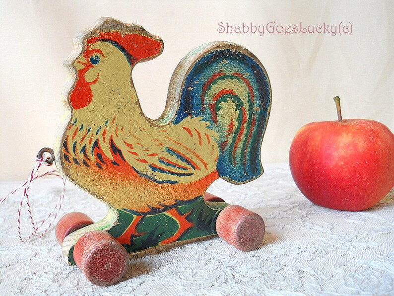 Vintage Wooden Pull Toy Rooster on Wheels Small Colourful Old Etsy