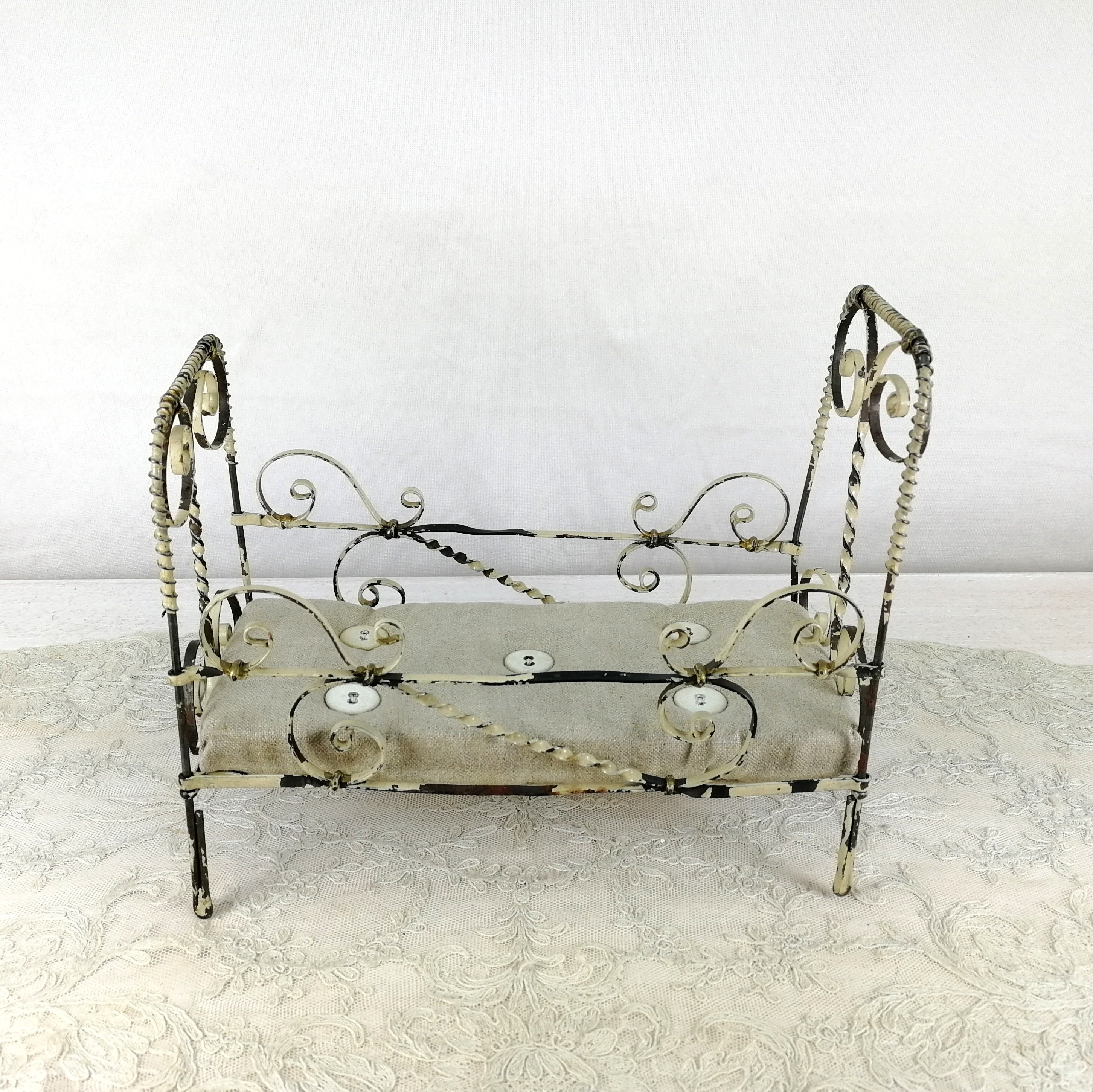 Antique Doll Bed Crib Cot Made of Metal With Mattress 4 by 8