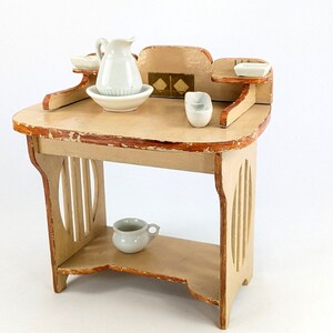 Vanity Dresser Washstand for Dolls Art Nouveau 1910 with porcelain dishes 8 by 6 inches