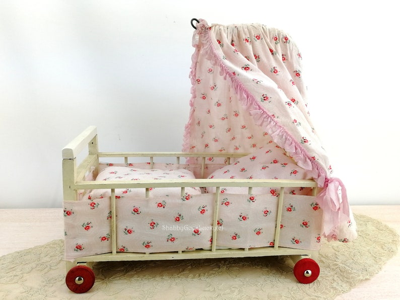 Vintage Doll Bed With Canopy on Wheels Flowery Original Etsy