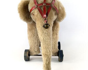 Steiff Elephant on Wooden Wheels With Button Leather Halter