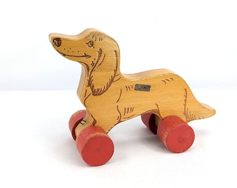 Steiff Wooden Dog Dachshund on wheels with ID vintage made 1969 to 1974