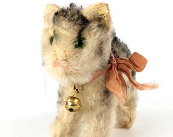 Vintage 1950s Steiff Mohair Cat Gussy Scaredy Kitten With Ribbon
