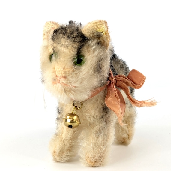 Steiff Cat Tabby With Ear Button and Original Bow Vintage 1953 to