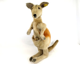 Steiff Kangaroo with IDs and Baby Joey large 20 inches vintage 1959 to 1964