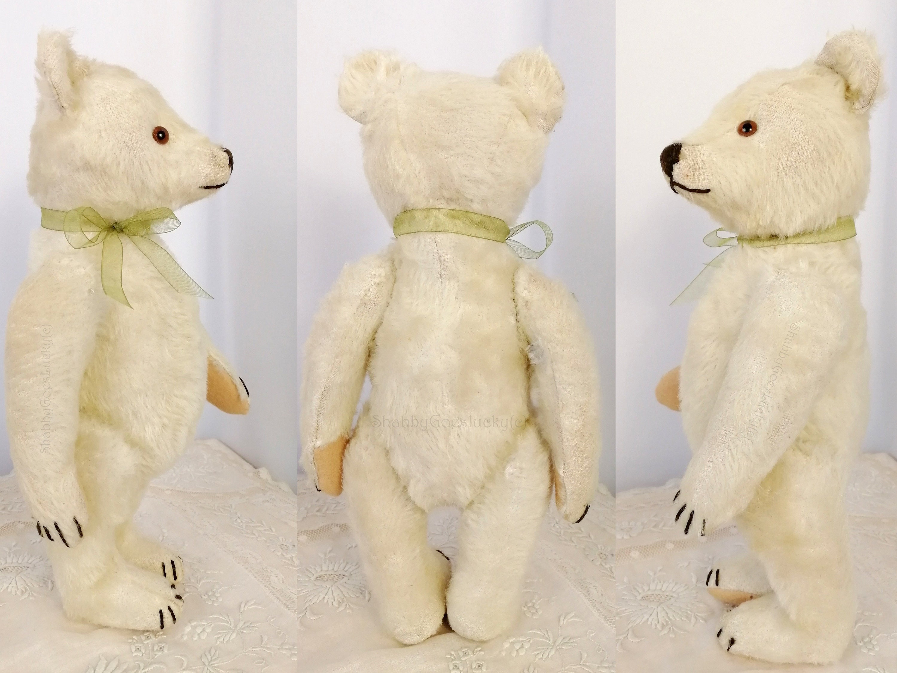 シュタイフの白いテディベア、USゾーンタグ付き、高さ11インチ、1950年