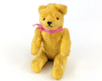 Vintage Teddy Bear yellow silk plush 1950s made stick jointed 8 inches