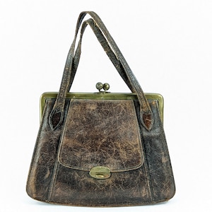 Antique Leather Handbag Purse 1910s to 1920s small 8 by 6 inches