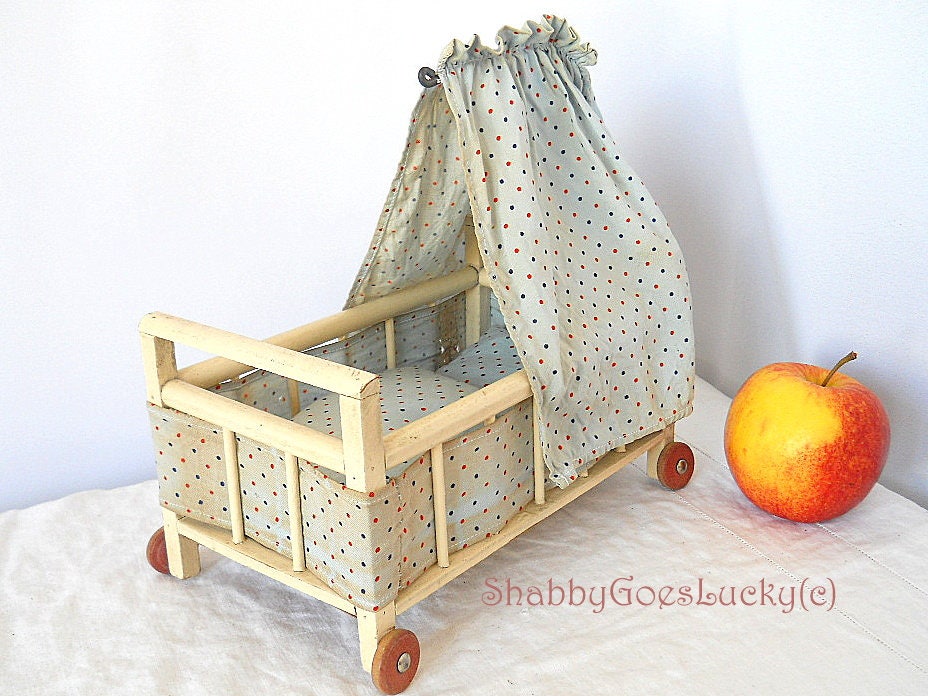 Vintage doll crib on wheels with canopy polka dotted Etsy