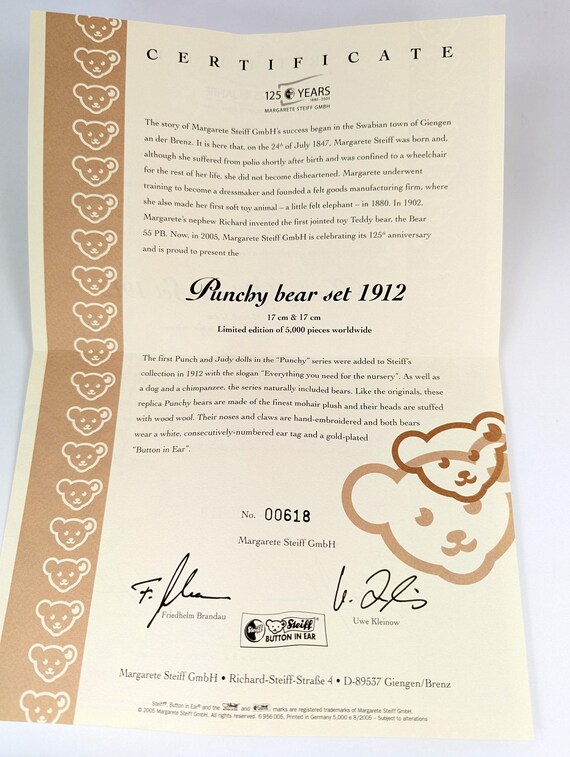 Steiff Punchy Bear Set 1912 Mint in Box Replica 2005 Limited