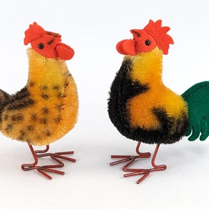 Poule et coq Steiff avec pièces d'identité de 10 cm (4 pouces) pattes de fil de fer vintage 1953 à 1964