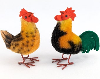 Steiff Gallina y Gallo con identificaciones 4 pulgadas pájaros alambre patas vintage 1953 a 1964