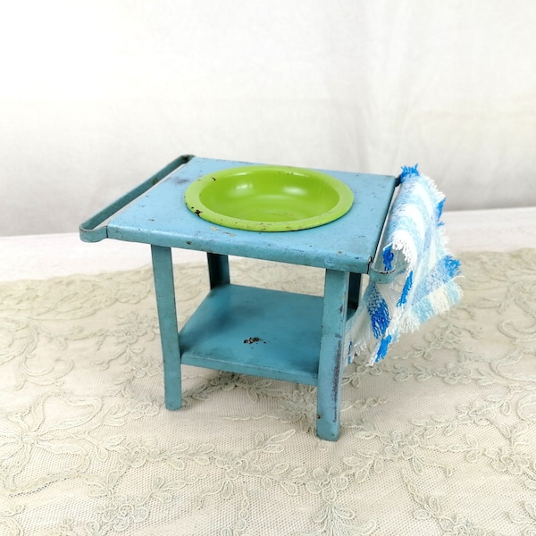 Dollhouse Tin Washstand with original bowl and towel holders