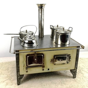 Antique Bing Doll Cooker Stove around 1910 original pots pan and kettle 10 by 7 inches