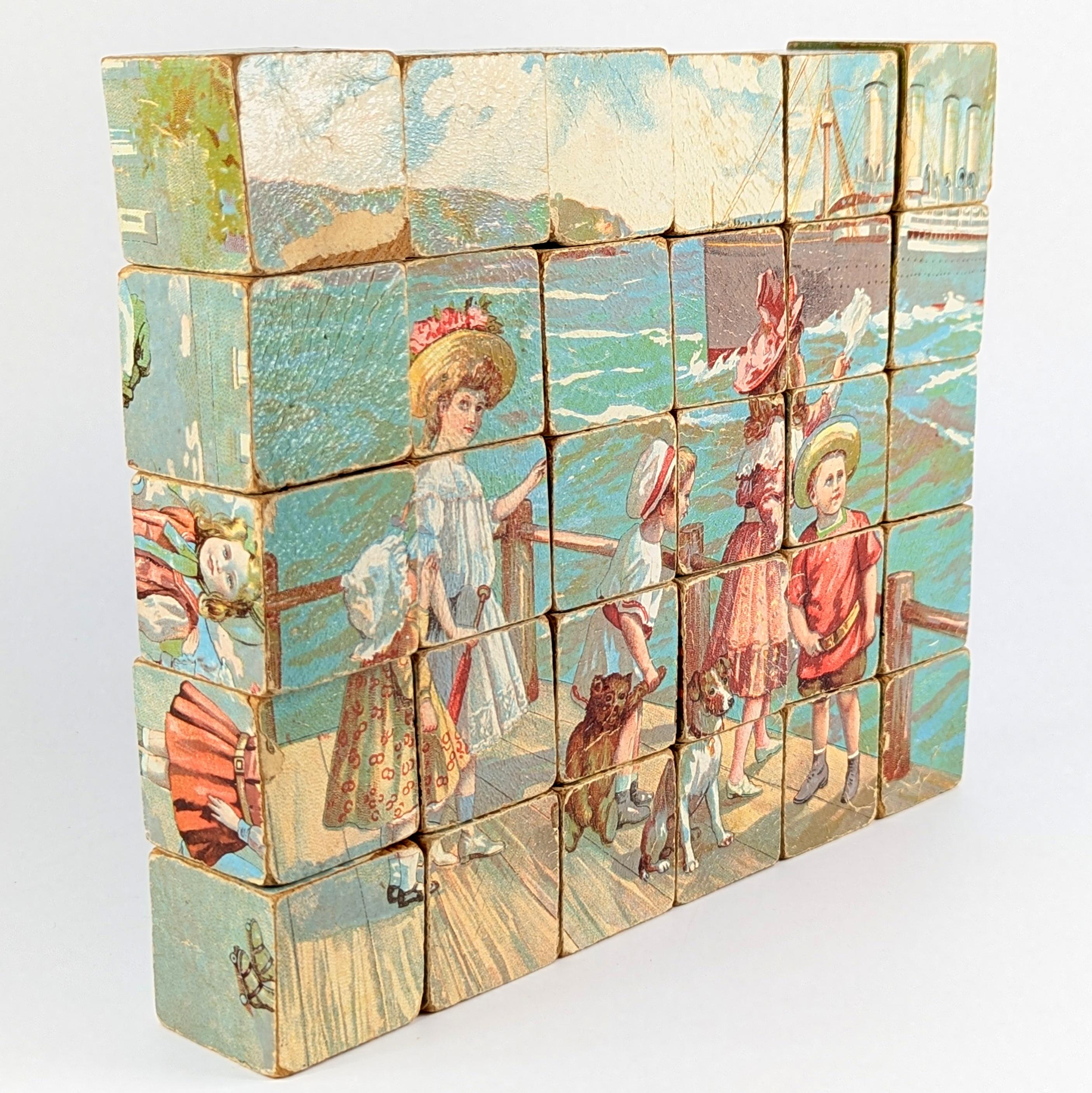 J.A.K. の刻印があるアンティーク木製リトグラフ絵パズルブロック