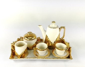 1910s Tea or Coffee Set on Tray for dolls or bears Antique China gold white miniature