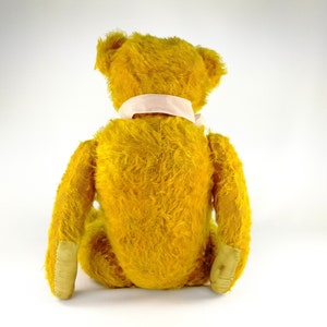 The old yellow Petz teddy bear showing his backside to the camera, sitting.