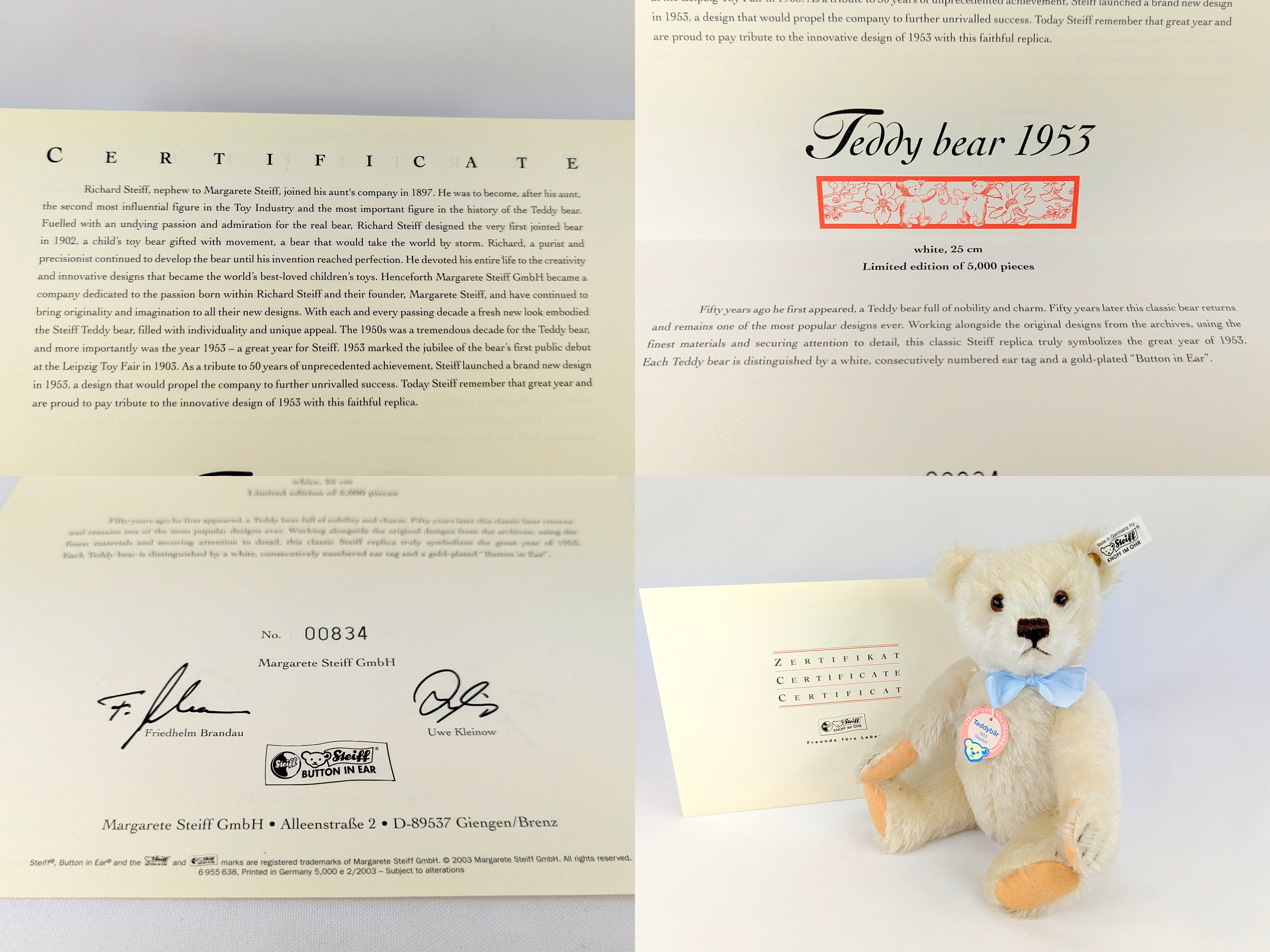 Steiff White Teddy Bear All Ids 1953 Replica Mint 10 Inches