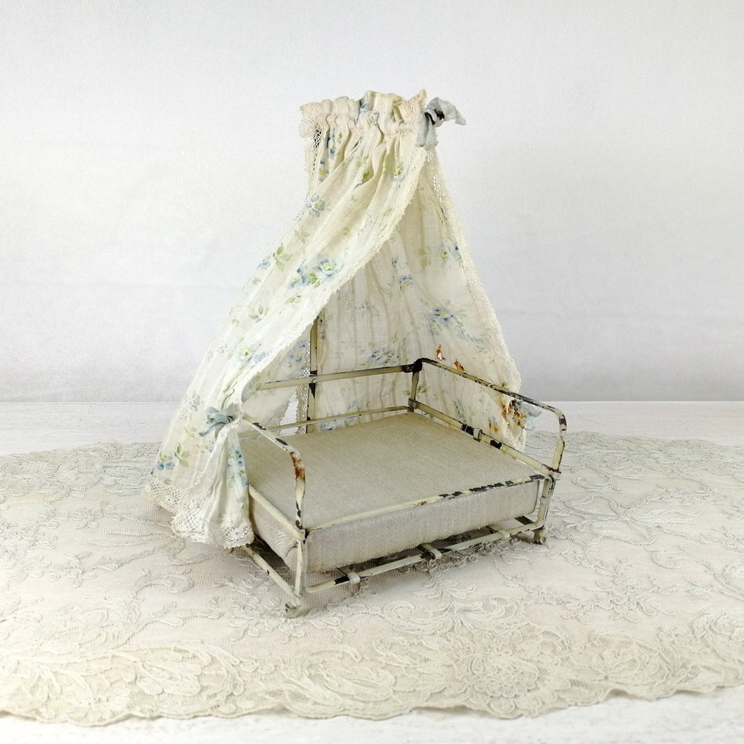 Antique Canopy Doll Bed Crib Cot Made of Metal With Mattress 5 by 6