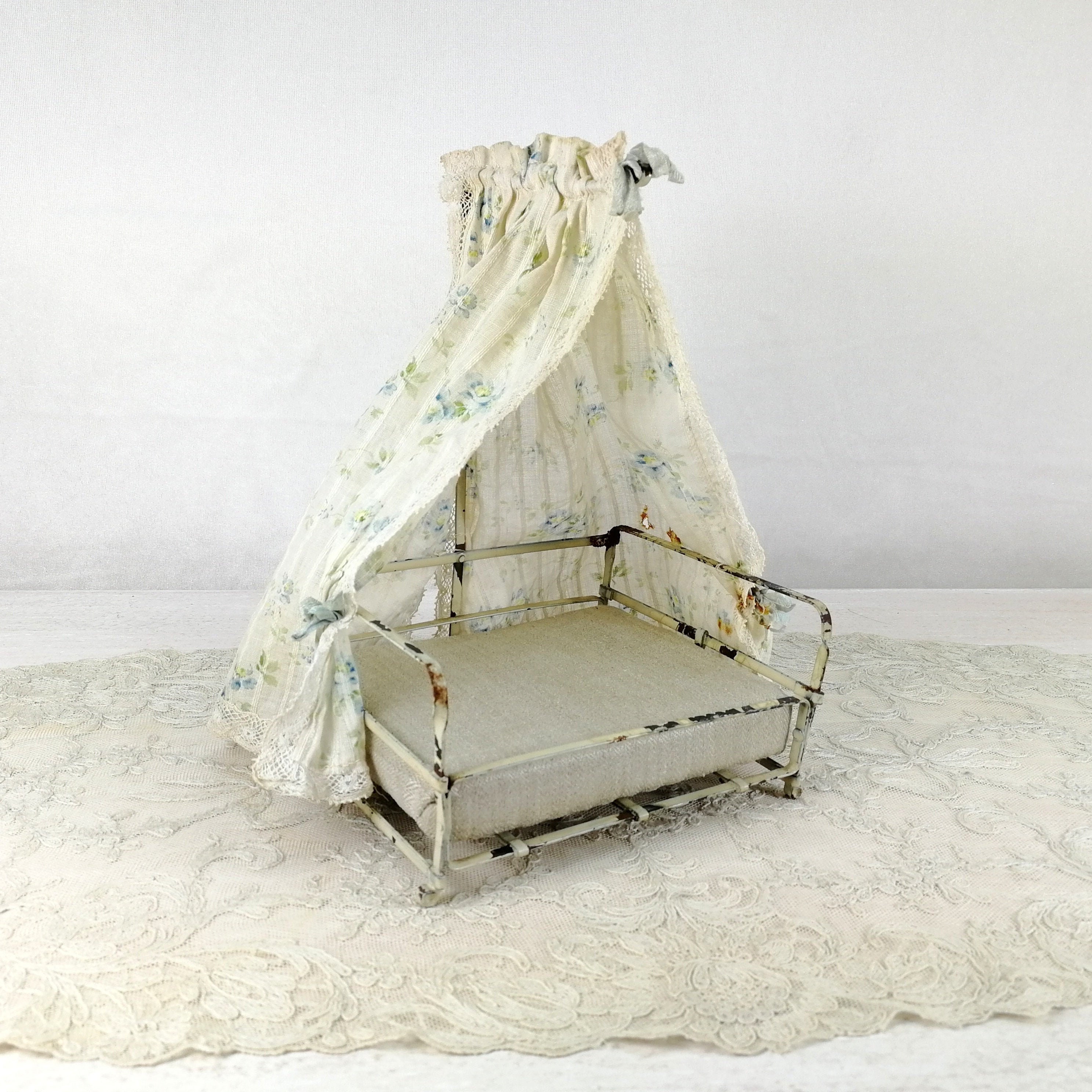 Antique Canopy Doll Bed Crib Cot Made of Metal With Mattress 5 by 6 Inches Etsy UK