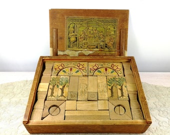 Art Nouveau Building Block Set Complete in Original Box made around 1900 wooden trees figures pillars