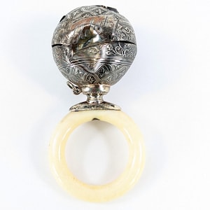 Antique French Silver Rattle Ball Engraved Name Robert with Ring Handle
