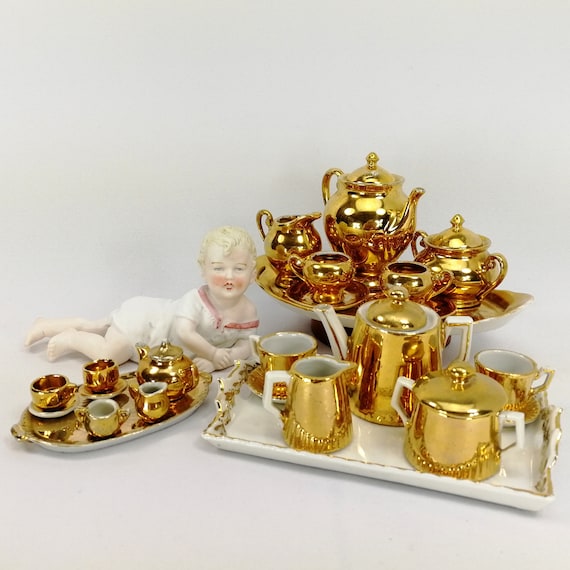 Tea or Coffee Set Service on Tray 1910s China Gold White Miniature