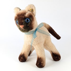 Chat siamy douillet Steiff avec carte d'identité, 23 cm, debout, vintage 1970 à 1979