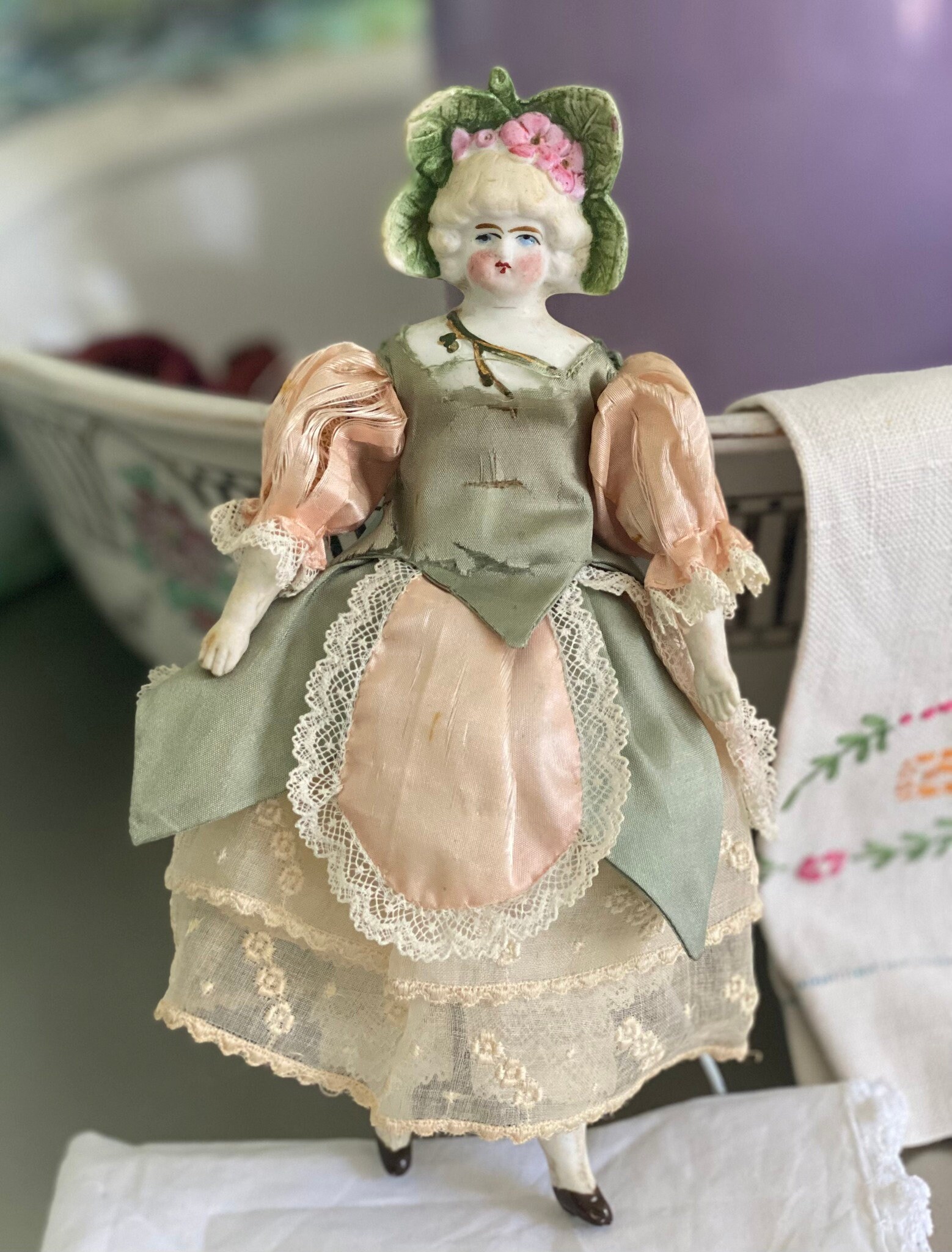 Antique German Parian China Head Doll, 7 Inch - Flower