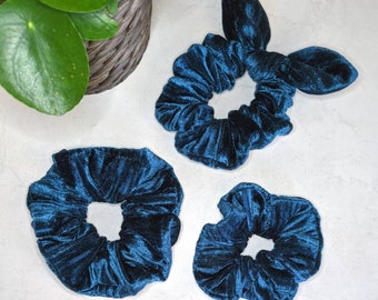 Peacock Scrunchie | Regular, Mini & Bow Style Scrunchies | Teal Green Blue Crinkle Velvet Hair Accessories