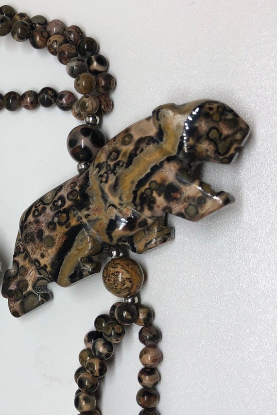 Long JASPER Jaguar Stone Beaded Carved Necklace