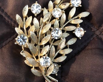 Lisner Brooch Leaf Design & Rhinestones