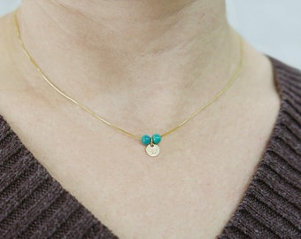 Tiny 14k gold necklace. turquoise Initial pendant. Letter charm necklace. Personalized necklace. monogram necklace. initial necklace.