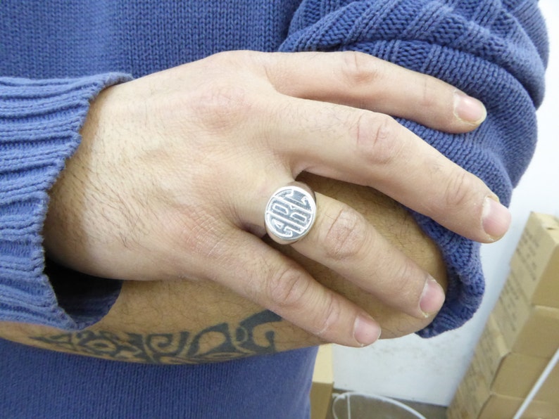 Men monogram ring. College ring. Initials ring. Silver monogram ring. Men initial band. Mens initial ring. Engraved silver ring. Circle ring image 2