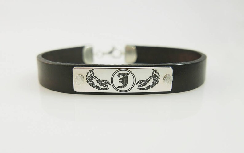 Mens leather bracelet. Personalized bracelet. monogram silver bracelet. Personalized jewelry. initial bracelet. Unisex bracelet. image 1