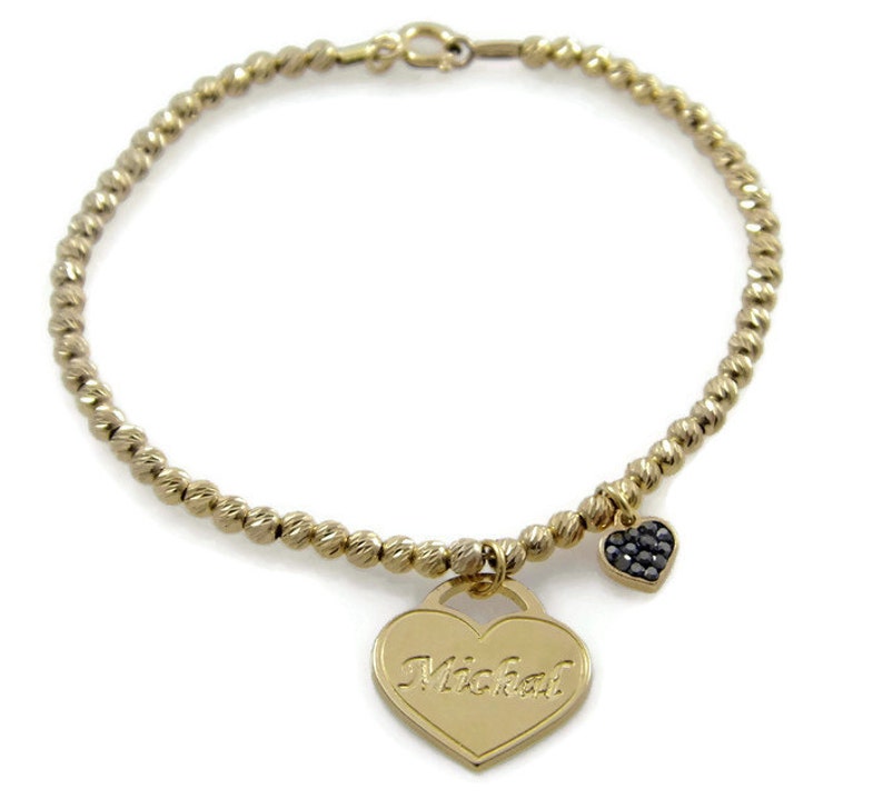 Name bracelet. Heart gold bracelet. Gold heart bracelet. Beaded name bracelet. Personalized bracelet. Gold plated brass bracelet. image 4